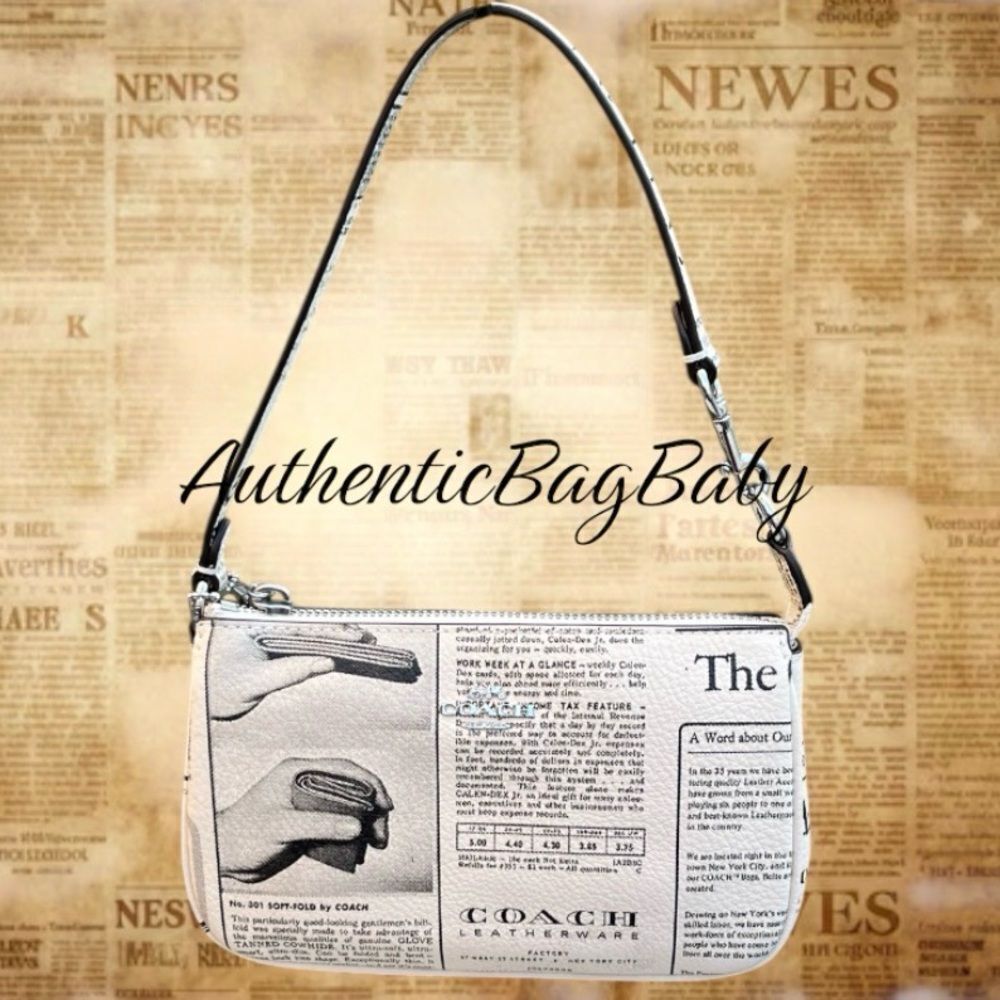 Coach Nolita 19 In Pebbled Leather & Newspaper Print Handbag Purse